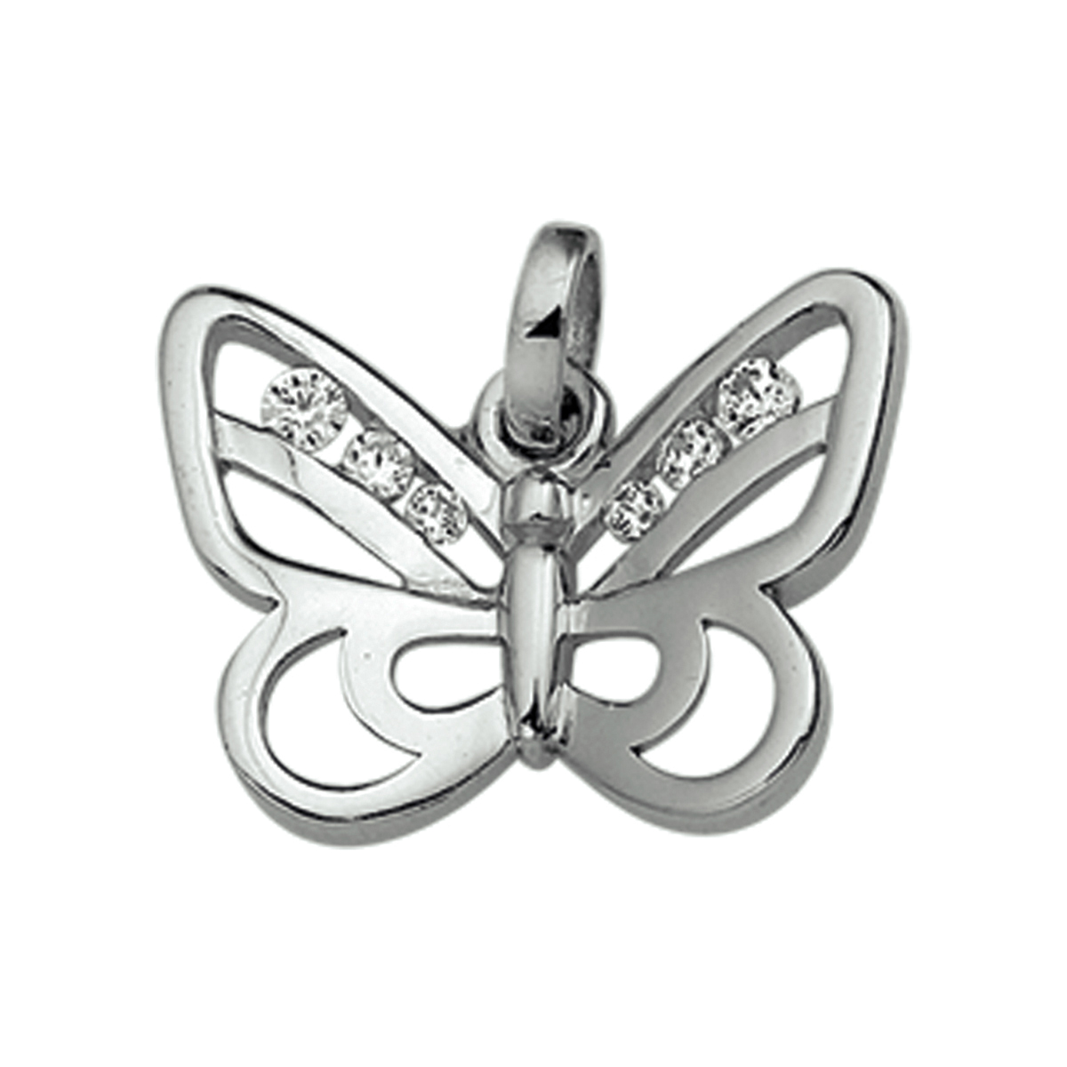 Gerhodineerd zilveren hanger met een vlinder en zirkonia. De hanger heeft een los hangoog.