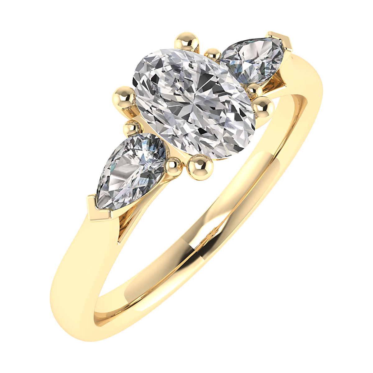 14k geelgouden lab grown diamanten ring met een midden ovaal diamant van 1,05 caraat, zijde diamanten van pear cut lab grown diamanten van 0,24 caraat. ring wordt geleverd met een igi diamanten certificaat. 