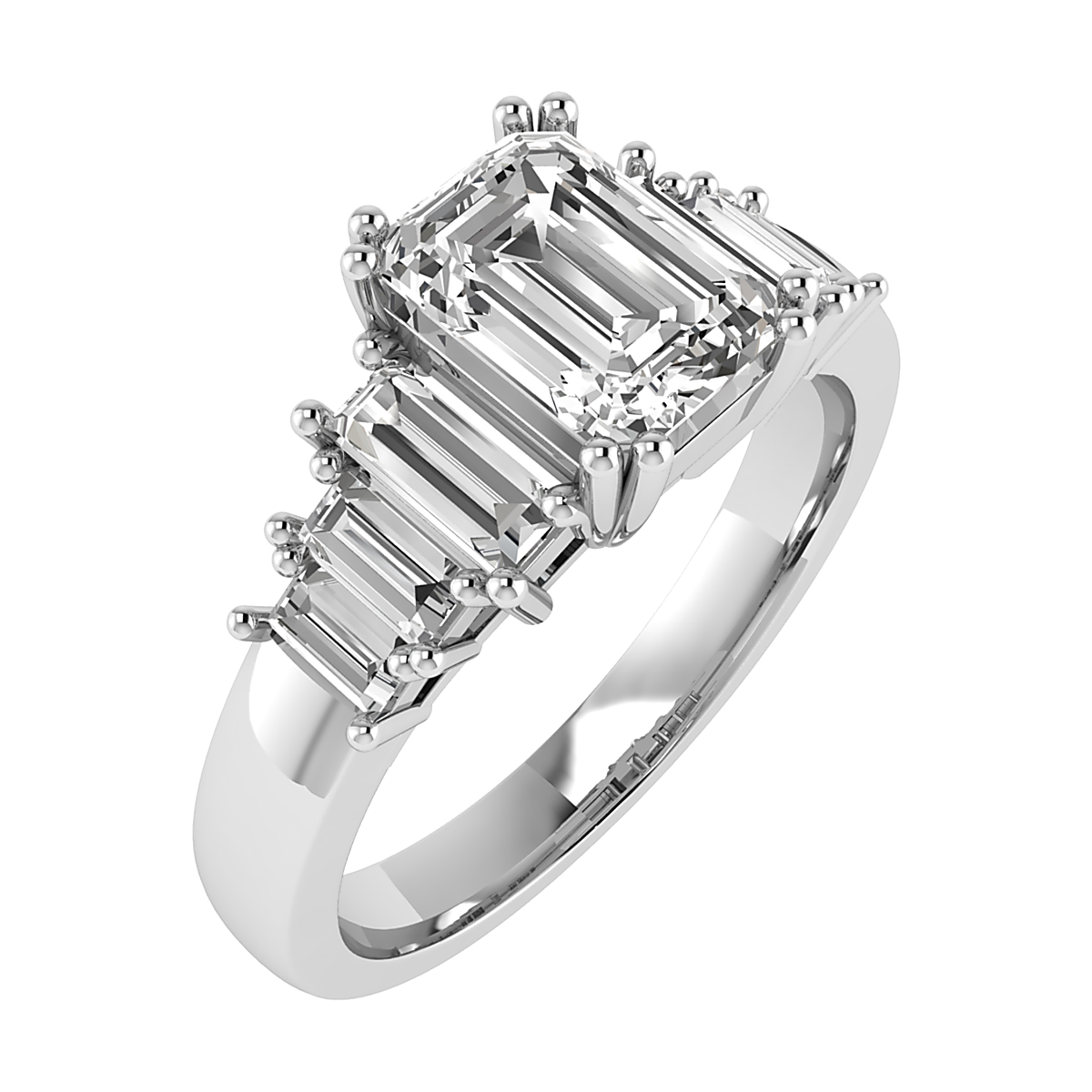 14 karaats witgouden lab grown diamanten ring met 7 emerald cut diamanten. de midden lab diamant is 1.07 caraat met D kleur en een VVS2 helderheid. massief ring wordt geleverd met een IGI diamanten certificaat. 