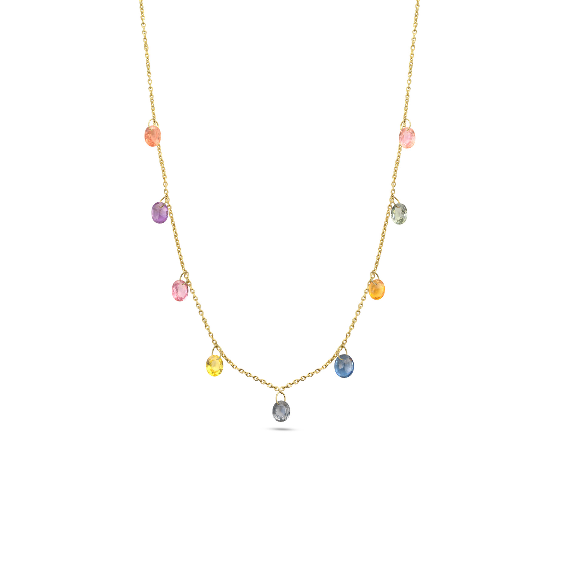 prachtig gouden collier met doorboorde saffiertjes in verschillende kleuren 