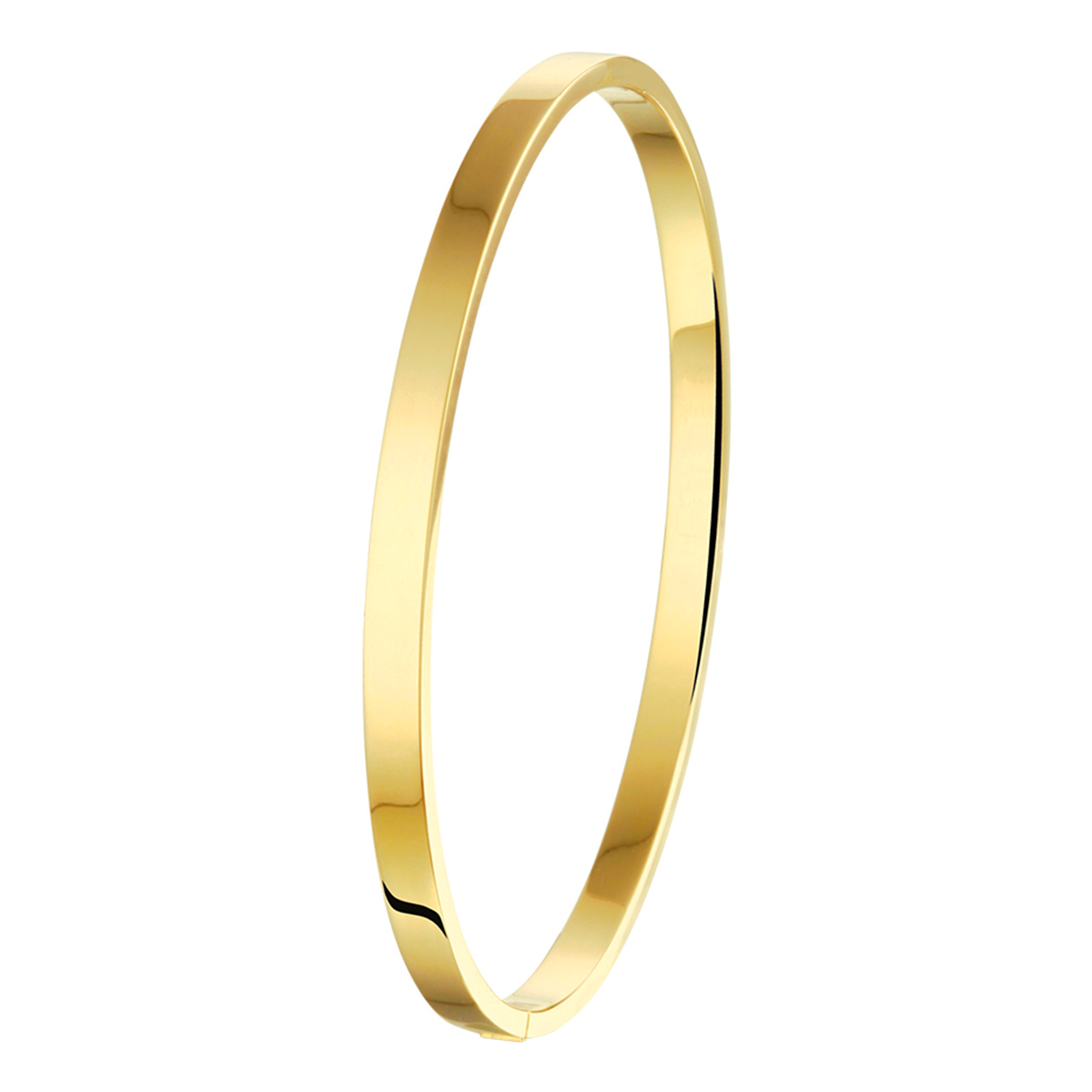 Sieraden van 14 karaat goud met daarin een kern van 925 zilver. Geelgouden bangle met scharnier-sluiting.