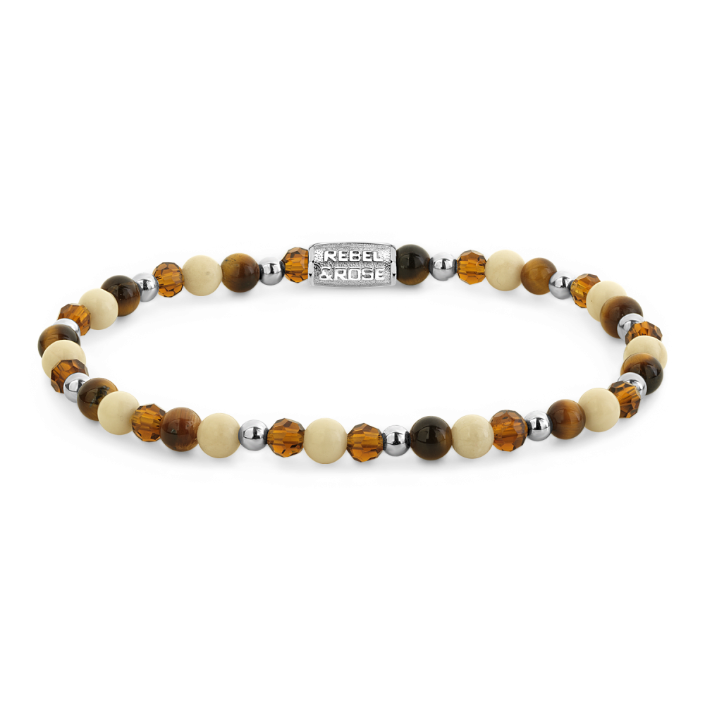 Armband van het merk Rebel & Rose. De armband heeft een hoogwaardige elastische stretch koord, met 4mm van Fossil, Tijgeroog Geel, Hematiet, Glas Rock.
