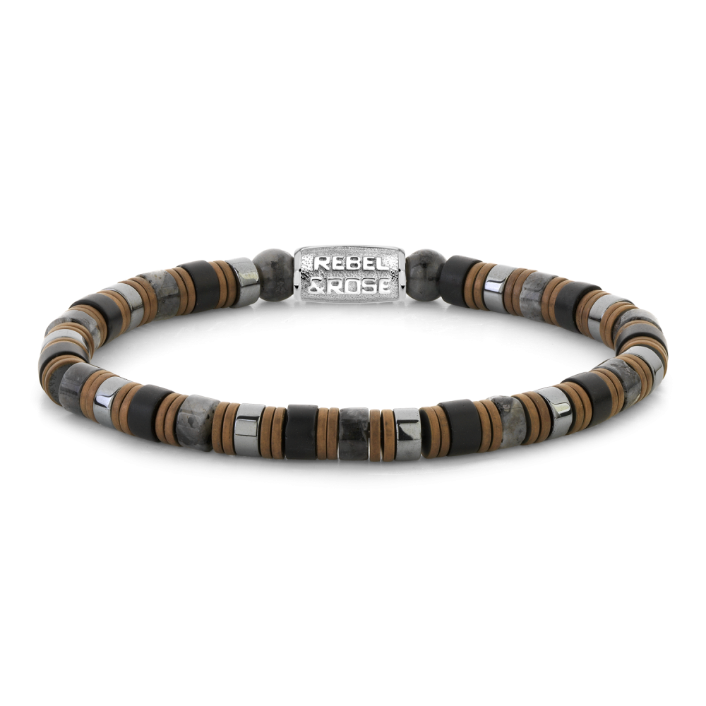 Armband van het merk Rebel & Rose. De armband heeft een hoogwaardige elastische stretch koord, met 6mm van Hematite, Black stone, Larvakite.