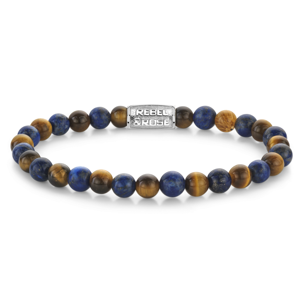 Armband van het merk Rebel & Rose. De armband heeft een hoogwaardige elastische stretch koord, met 6mm van Tijgeroog, Lapis Lazuli.