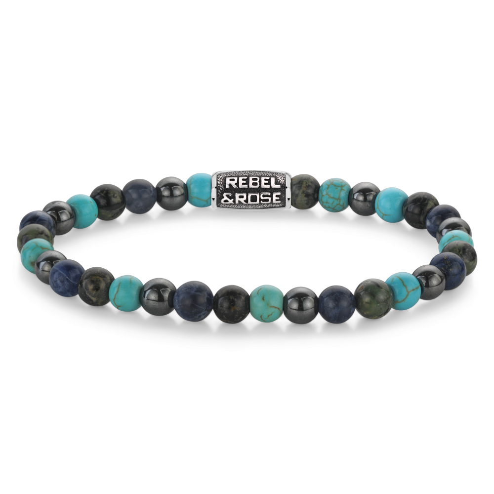 Armband van het merk Rebel & Rose. De armband heeft een hoogwaardige elastische stretch koord, met 6mm van Art. Turquoise, Ryoliet, Sodaliet, Hematiet.