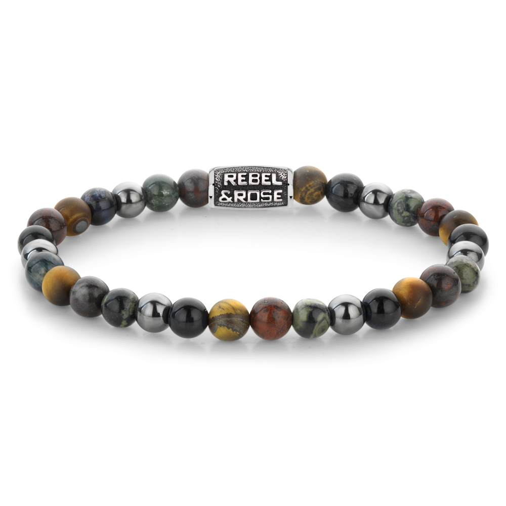 Armband van het merk Rebel & Rose. De armband heeft een hoogwaardige elastische stretch koord, met 6mm van Tiger Eye Blue, Tiger Eye Yellow, Brecciated Jasper, Rhyolite, Hematite Grey.