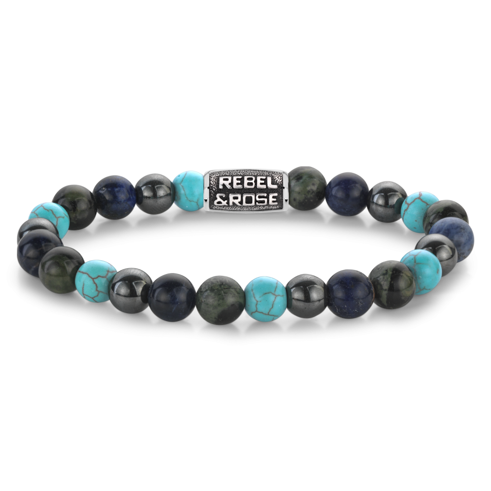Armband van het merk Rebel & Rose. De armband heeft een hoogwaardige elastische stretch koord, met 8mm van Art. Turquoise, Ryoliet, Sodaliet, Hematiet.