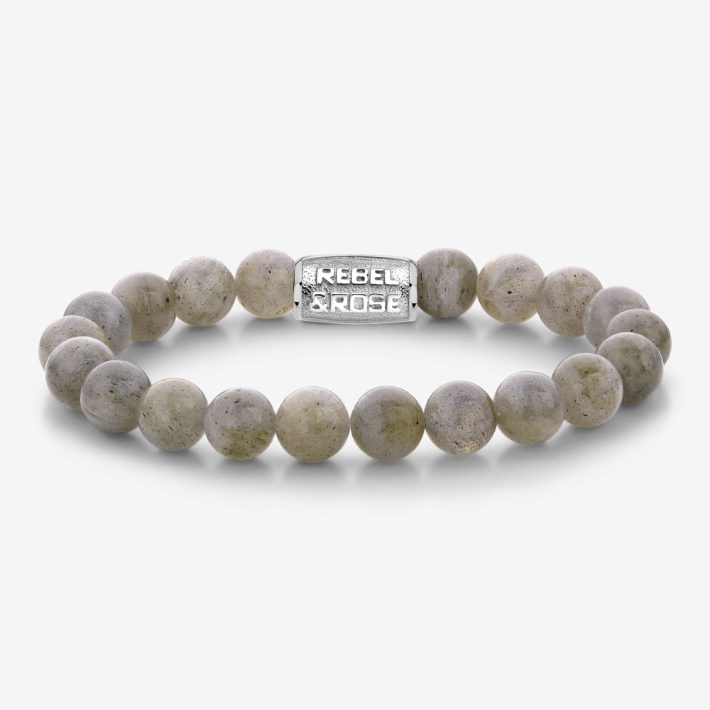 Armband van het merk Rebel & Rose. De armband heeft een hoogwaardige elastische stretch koord, met 8mm van Labradoriet.