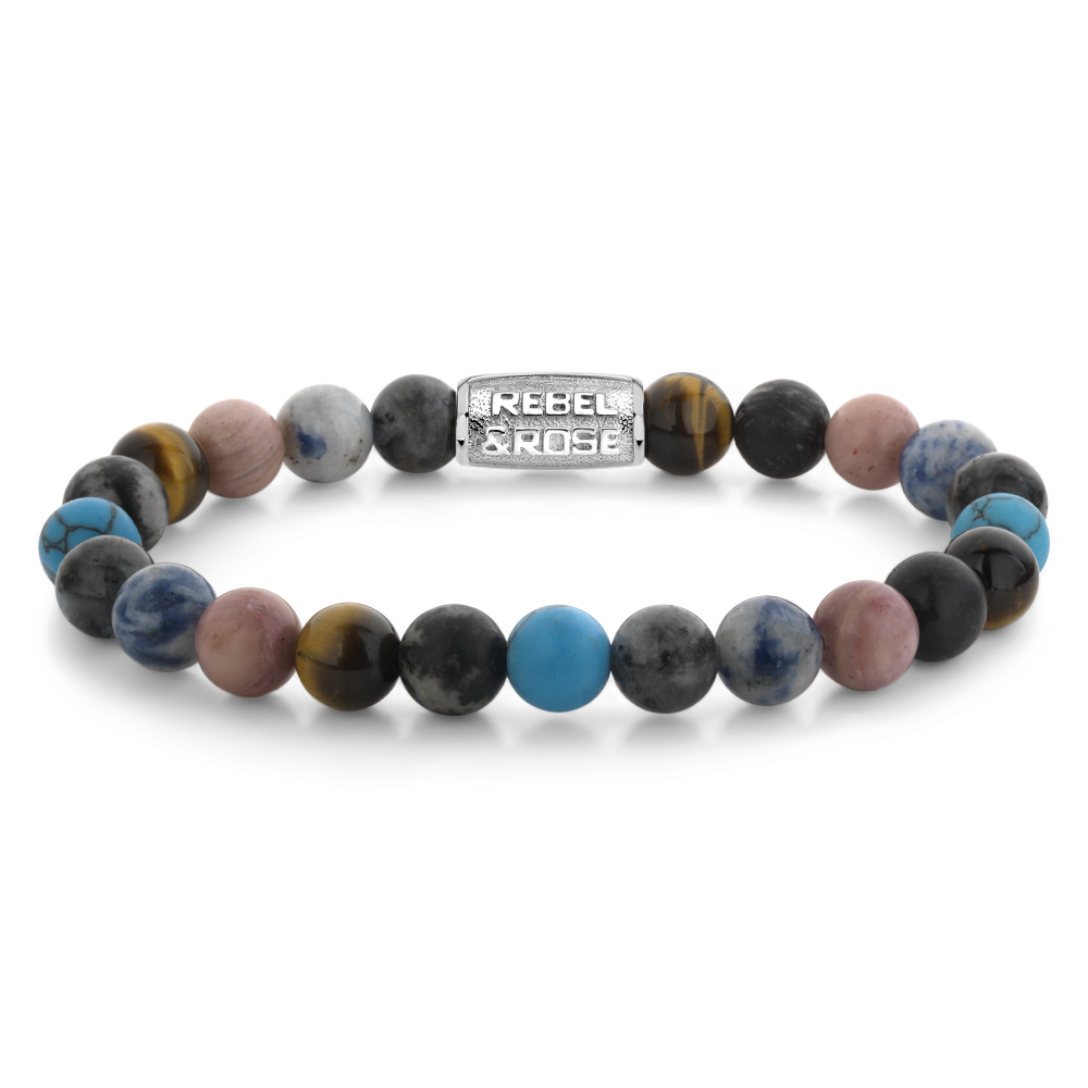 Armband van het merk Rebel & Rose. De armband heeft een hoogwaardige elastische stretch koord, met 8mm van  Tijgeroog, Black Network, Lignify Rodocrosh, Blue Spot Stone, Larvakiet, Turquoise.