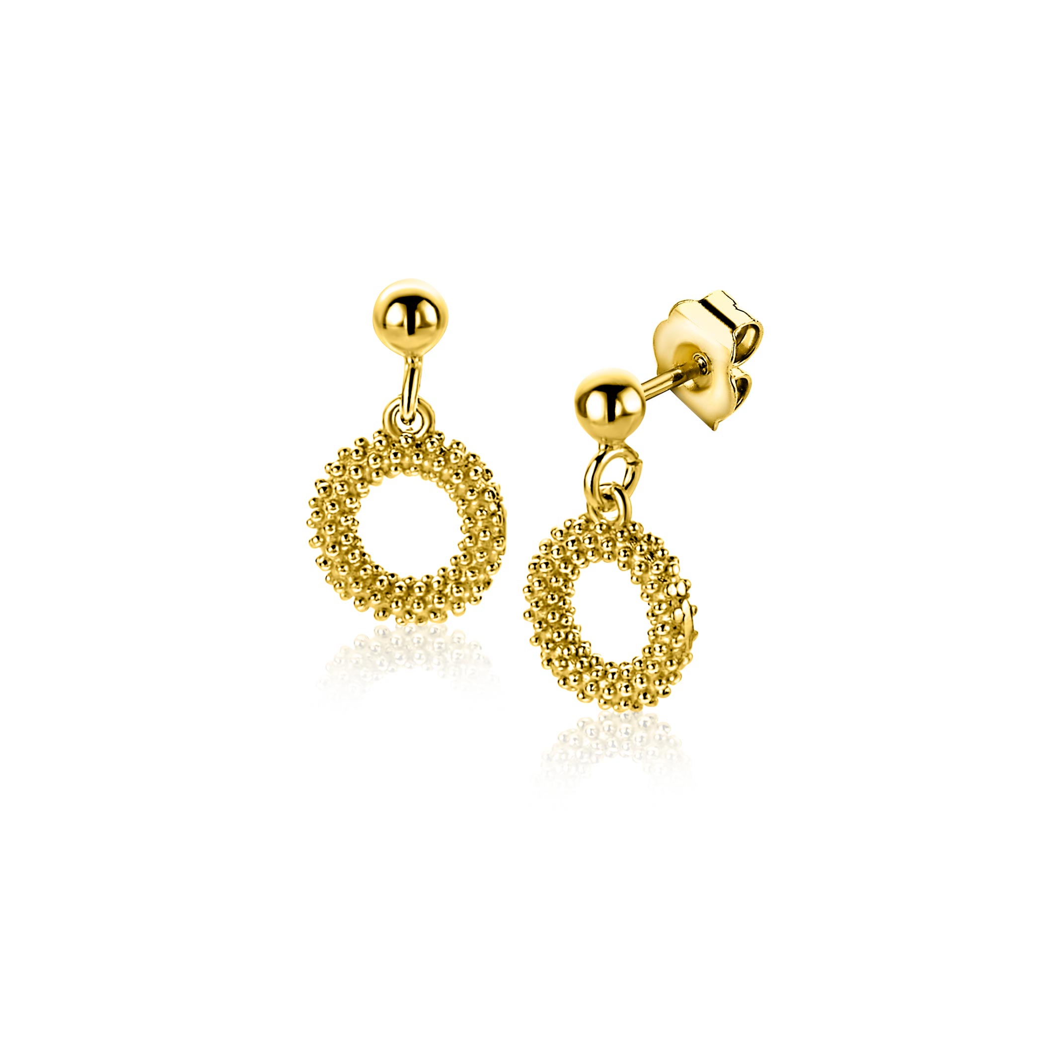 ZINZI gold plated zilveren oorstekers 14mm met open rondje van 8,5mm, voorzien van een bolstructuur. Het gladde bolletje bovenaan zorgt voor een moderne touch. Vervaardigd van eerste gehalte zilver (925) en extra geel verguld.