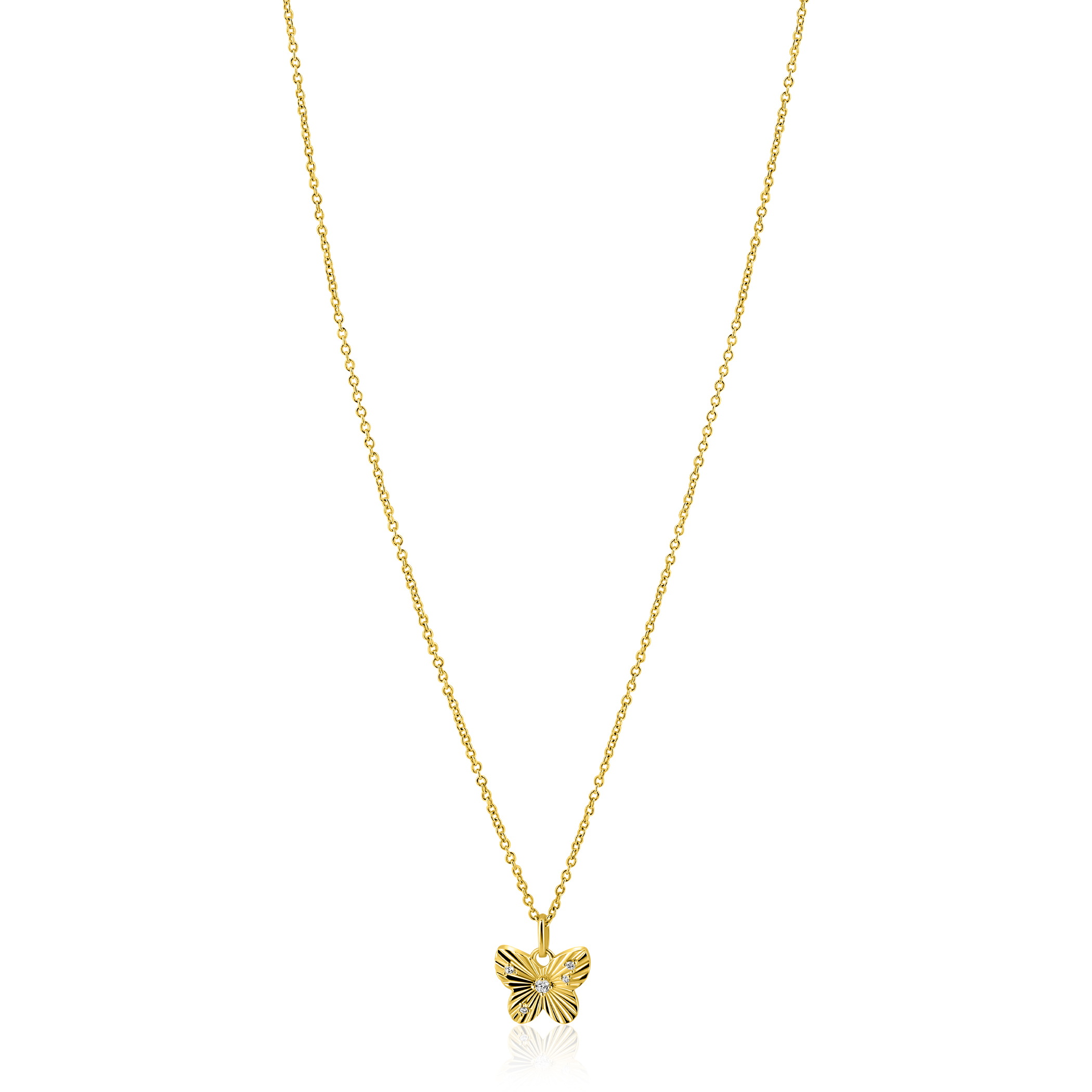 ZINZI gold plated zilveren ketting 42-45cm met vlinder hanger, bezet met witte zirkonia's ZIC2742