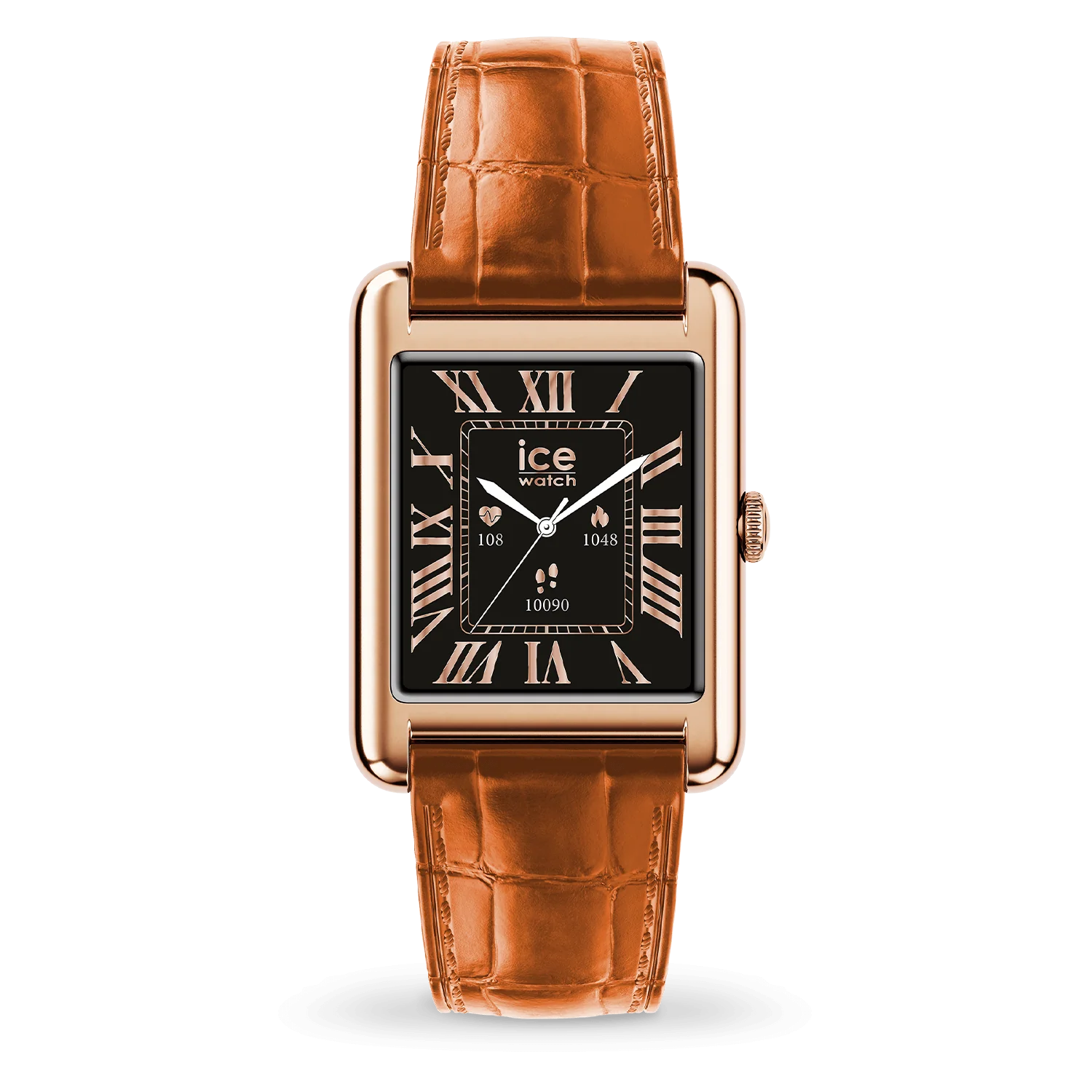 Ice Watch smartwatch rechthoekig met lederen bruine band. Behuizing is rosé aluminium