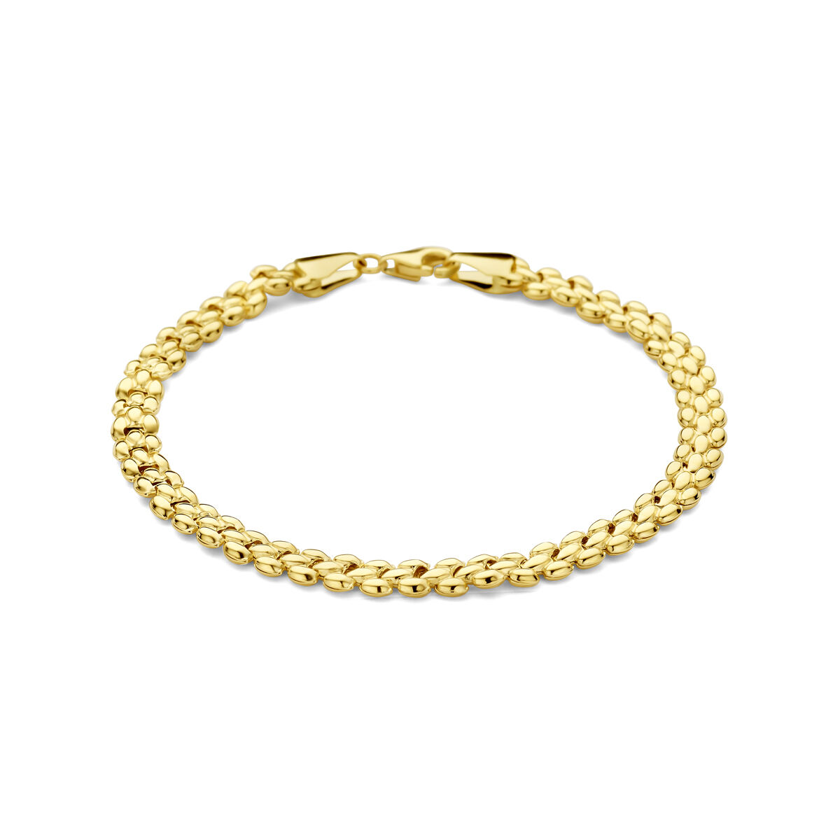 Dit product is een 14 karaat gouden armband met een dikte van 4,8 mm en een lengte van 18 cm. Het behoort tot de categorie juwelen en is een specifiek type: armband. Deze armband is perfect voor dagelijks gebruik of speciale gelegenheden en kan elegant gedragen worden bij zowel casual als formele outfits.