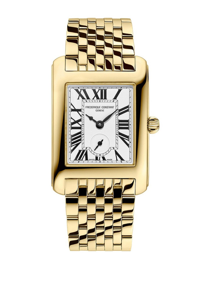 Dit dameshorloge van Frederique Constant is onderdeel van de Classics Carree collectie. De serie wordt gekenmerkt door modellen met een zeer elegant rechthoekig formaat en een klassieke uitstraling. 

Dit model heeft een goudkleurige edelstalen kast (36 x 25mm) en horlogeband met vouwsluiting. De zilverkleurige wijzerplaat heeft zwartkleurige indexcijfer en wijzers. Het horloge is verfijnd afgewerkt met een krasarm saffierglas en een waterdichtheid tot 30 meter. Verder is het horloge voorzien van een quartz uurwerk en een decentrale secondewijzer. De FC-235S2C5B is dankzij haar klassieke ontwerp een plaatje op de pols!