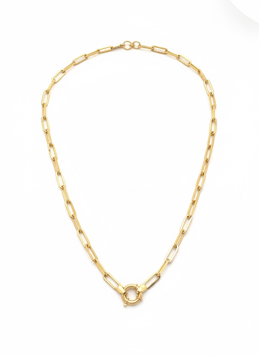 De 14k gouden paperclip ketting met modelnummer JRS-22 is een prachtige geelgouden halsketting van 45 cm lang. De ketting heeft een breedte van 4,5 mm en is gemaakt van 14-karaats goud met een totale gewicht van 7,2 karaat. Perfect te dragen op een blouse of jurkje voor een elegante look. Glanzend nieuw en stijlvol.