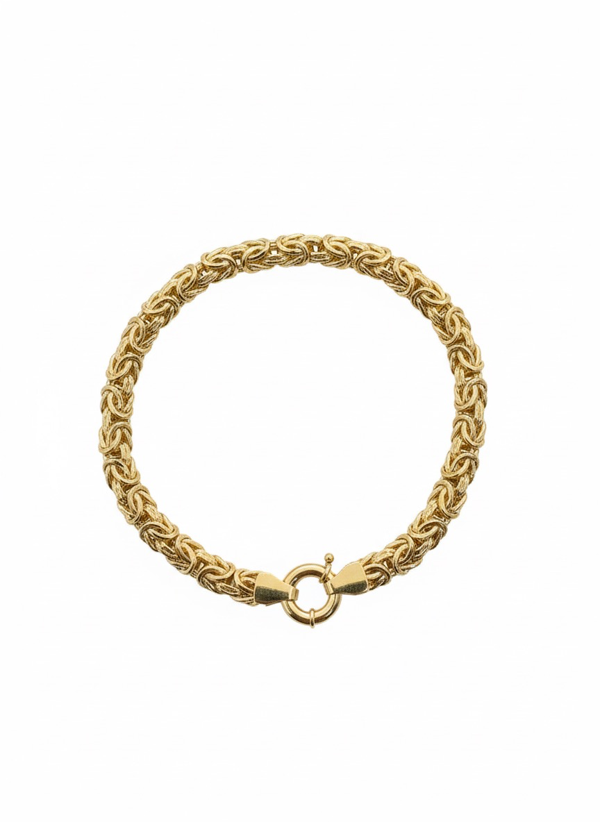 De 14k gouden Byzantijnse schakelarmband, model JRS-25, heeft een gewicht van 6,4 karaat, een breedte van 6 mm en een lengte van 200 mm. De armband is nieuw en heeft een glanzende afwerking. Draag deze elegante armband solo of combineer met andere gouden sieraden voor een chique, eigentijdse look. Een prachtig accessoire voor elke gelegenheid.