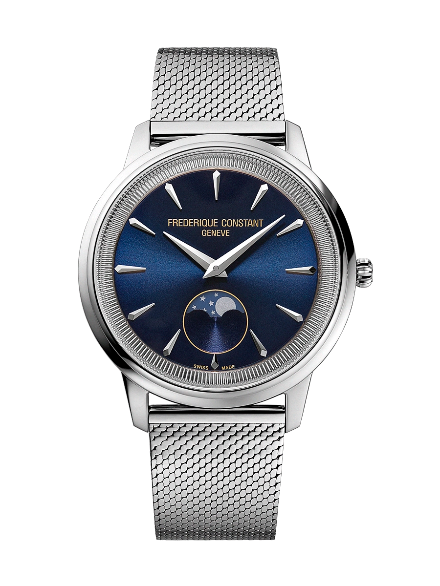 Frederique Constant Moneta Maanfase FC-206N3S6B
De Classics Moneta Moonphase onderscheidt zich door zijn quartz-uurwerk en elegante kast van 37 mm. Hij heeft een verfijnde maanfase op 6 uur en de naam is geïnspireerd op de rand van een munt, die subtiel is terug te vinden op de binnenring.