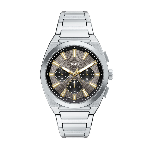 Fossil FS6128 quarts heren pols horloge uit de Everitt Collectie staal met stalen band chronograaf. 5 ATM waterdicht.