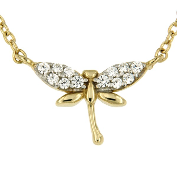 14k geelgouden collier met in het midden een dragonfly. De dragonfly is versiert met zirkonia in pavé zetting. He collier, in ankerschakeln is op twee lengtes te dragen; op 42 en op 45cm