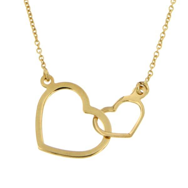 14k geelgouden collier, in anker schakel, met twee open hartjes. Het collier is op twee lengtes te drage;; op 42 en 45cm