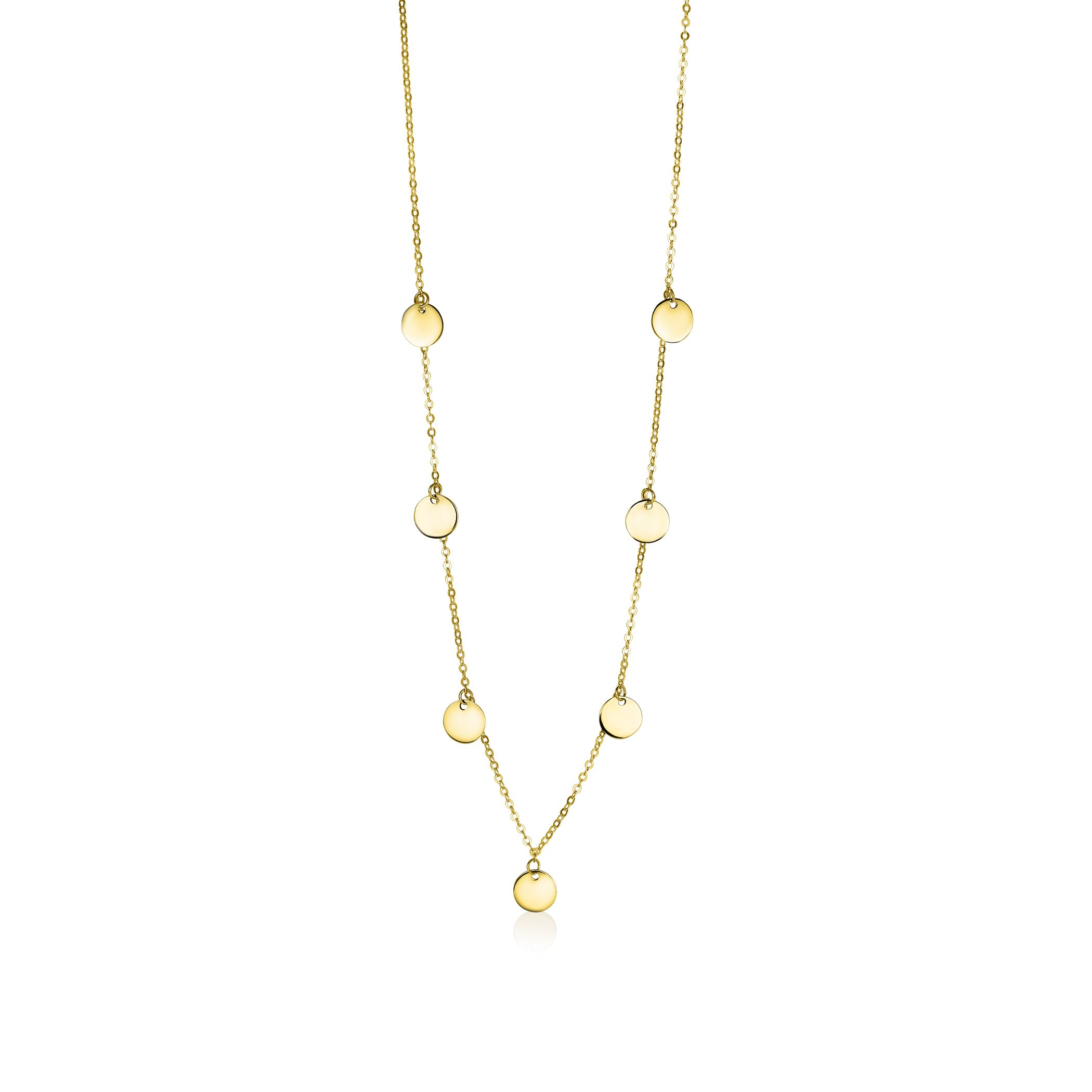 ZINZI Gold 14 karaat gouden ketting met zeven ronde glimmende plaatjes bungelend aan de mooie fantasie schakel. De lengte van de ketting varieert tussen 43cm en 45cm door het verlengstukje, zodat het trendy kort om de hals valt. Bij de sluiting is het herkenbare ZINZI hartje in goud bevestigd.