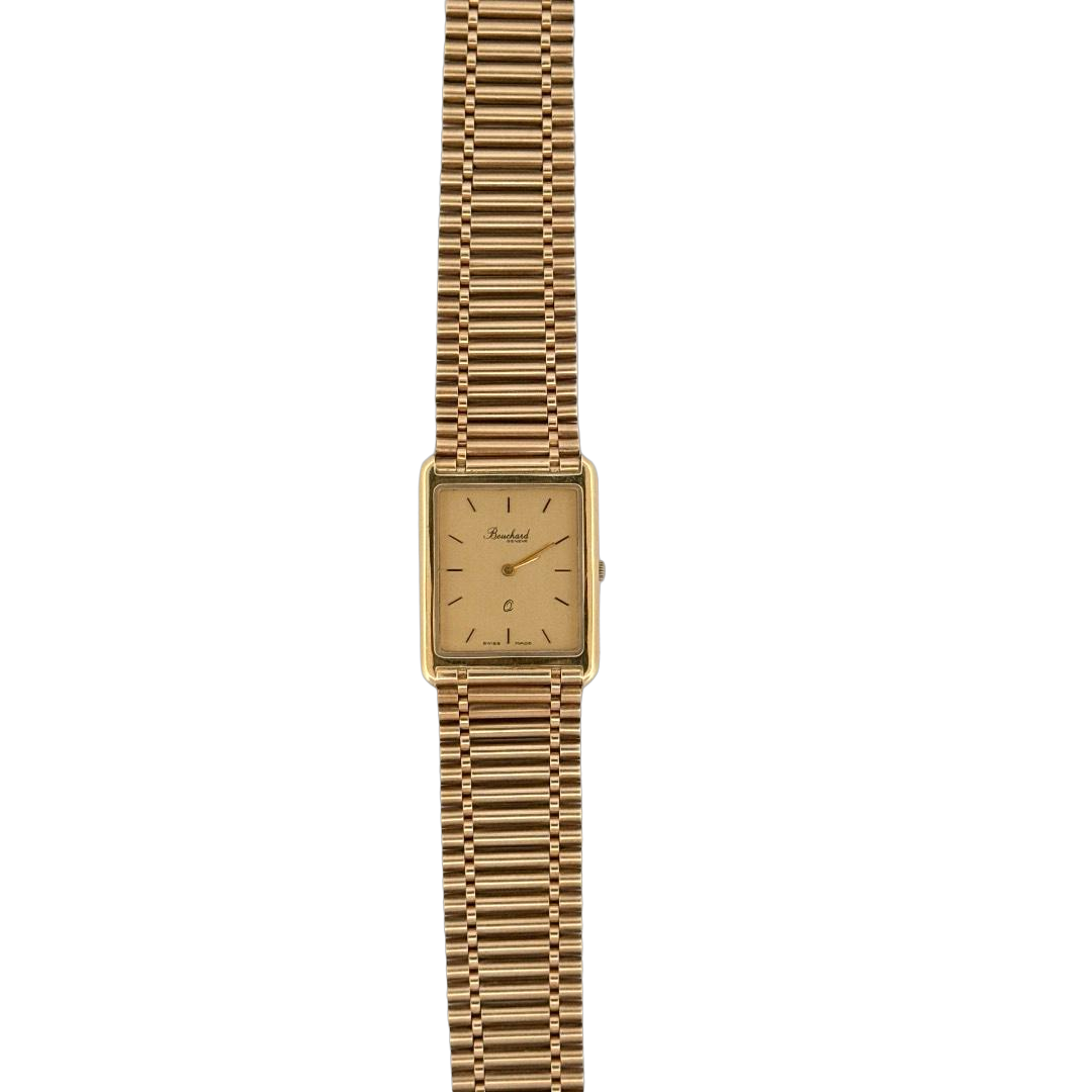 De Bouchard Genevé Horloge 14krt Geelgoud is een luxe polshorloge met een rechthoekige, goudkleurige kast van echt goud en een kristallen glasplaat. De analoge wijzerplaat heeft een goudkleurig streeppatroon, zonder datumaanduiding. Ideaal voor formele gelegenheden waarbij u een verfijnde en elegante uitstraling wilt.

Beste manier om te dragen: Dit horloge is perfect voor formele gelegenheden of exclusieve bijeenkomsten, waar het een vleugje luxe en stijl toevoegt aan uw outfit. Combineer het met een op maat gemaakt pak voor de ultieme verfijnde look.