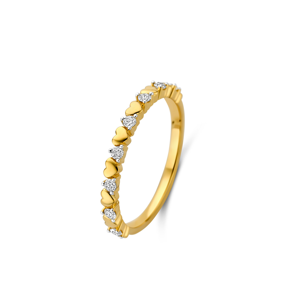Deze prachtige ring is gemaakt van 18-karaat goud en heeft een elegant hartjesontwerp met briljanten van 0.16ct.