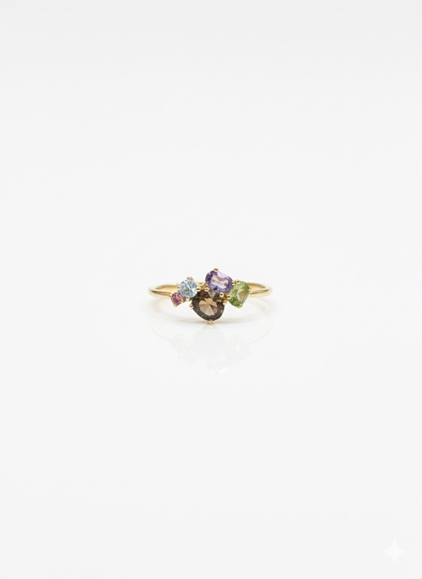 14k geelgouden ring met echte edel stenen, peridot, topaas, amethist en roze saffier.