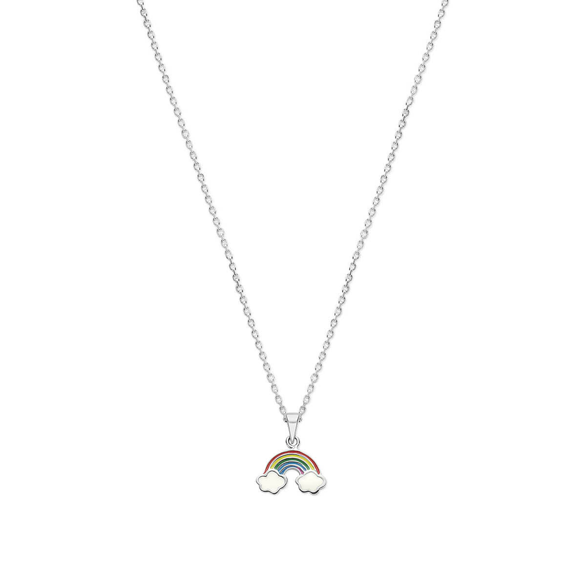 Gerhodineerd 925 zilveren collier uitgevoerd met een regenboog en emaille. Het collier heeft draaglengtes van 36+4cm. De schakelbreedte is 1.4mm.