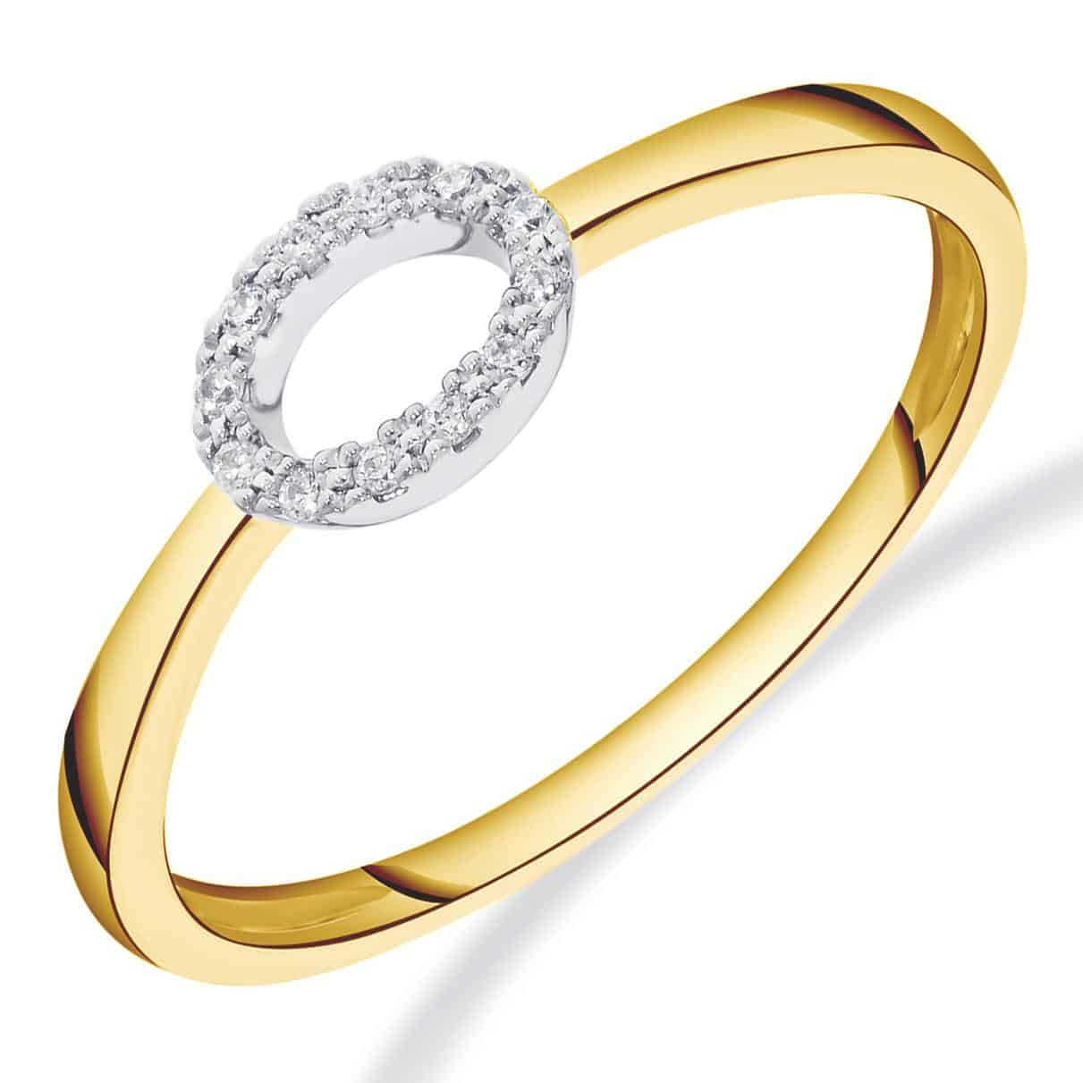 Een 14 krt geelgouden Halo Ring Open Ovaal waarin gezet 12 diamantjes briljant geslepen totaal 0.04 Crt H SI