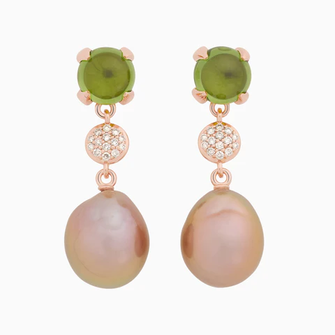 BRON Catch oorhangers met Peridot, diamant en FWP in 18 krt rose goud