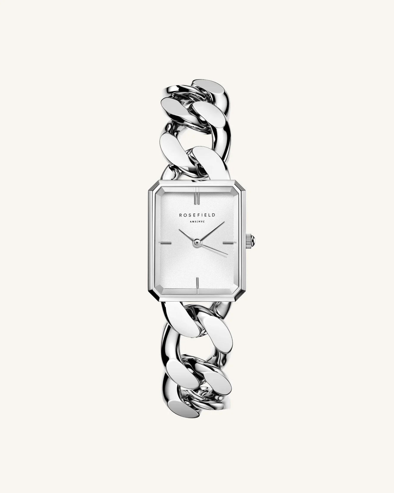 Ontdek Rosefield Studio: een collectie van uitgesproken items met een extra premium uitstraling. Het nieuwste RF Studio item is een twist op het klassieke Octagon horloge, maar dan in een kleiner XS formaat. De horlogeband, een luxe gepolijste platte kinketting, maakt van dit klokje bijna een sieraad. Je kunt het formaat van de ketting aanpassen om hem passend te maken en hem sluiten door de T-bar door de O-ring te vergrendelen.