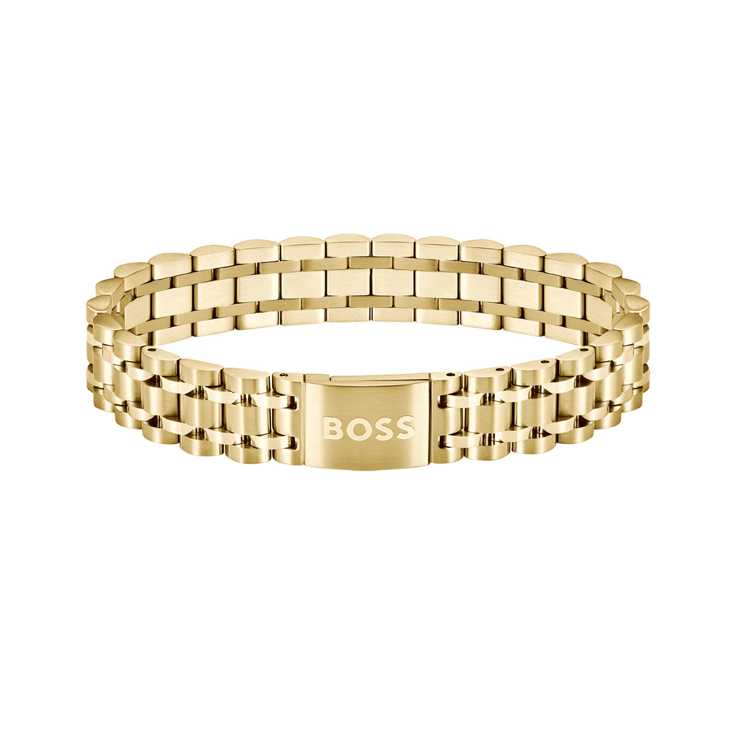 Deze armband van BOSS uit de OWAN serie met artikelnr. HBJ1580645 is een stoer sieraad voor de echte BOSS klant. De stalen goudkleurige armband heeft een fijne mat glanzende schakelband en sluit met een magneetsluiting. In het midden van de armband zit een goudkleurige tussenschakel die goed opvalt in het geheel. Op de schakel staat het BOSS logo gegraveerd. De armband heeft een lengte van 19cm en is goed te combineren met andere sieraden van BOSS. 

Het merk:
HUGO BOSS is afgestemd op levensstijlen waar het gaat om kwaliteit en precisie. Het wereldwijde fashionlabel is verdeeld in twee merken: BOSS en HUGO. Het merk BOSS biedt geavanceerde, moderne horloges gericht op kwaliteit en design om een onberispelijke look te creëren – of het nu zakelijk, casual of sportief is. Ontdek de nieuwe horlogecollectie die bewijst dat details echt het verschil maken.