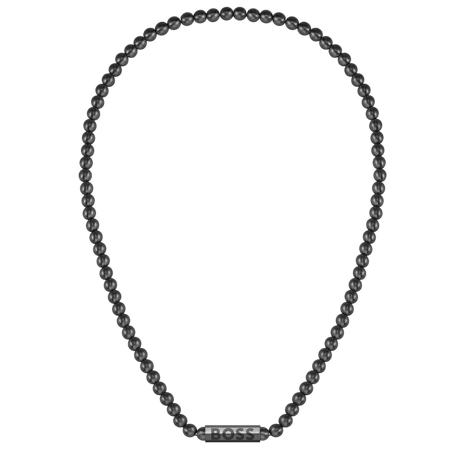 Deze ketting van BOSS uit de SPHERE METAL serie is een stoer sieraad voor de echte BOSS klant. De stalen zwarte ketting is voorzien van bolletjes en sluit met een magneetsluiting. In het midden van de ketting zit een zwarte tussenschakel die goed opvalt in het geheel. Op de schakel staat het BOSS logo gegraveerd. De ketting heeft een lengte van 51cm en is goed te combineren met andere sieraden van BOSS. 
