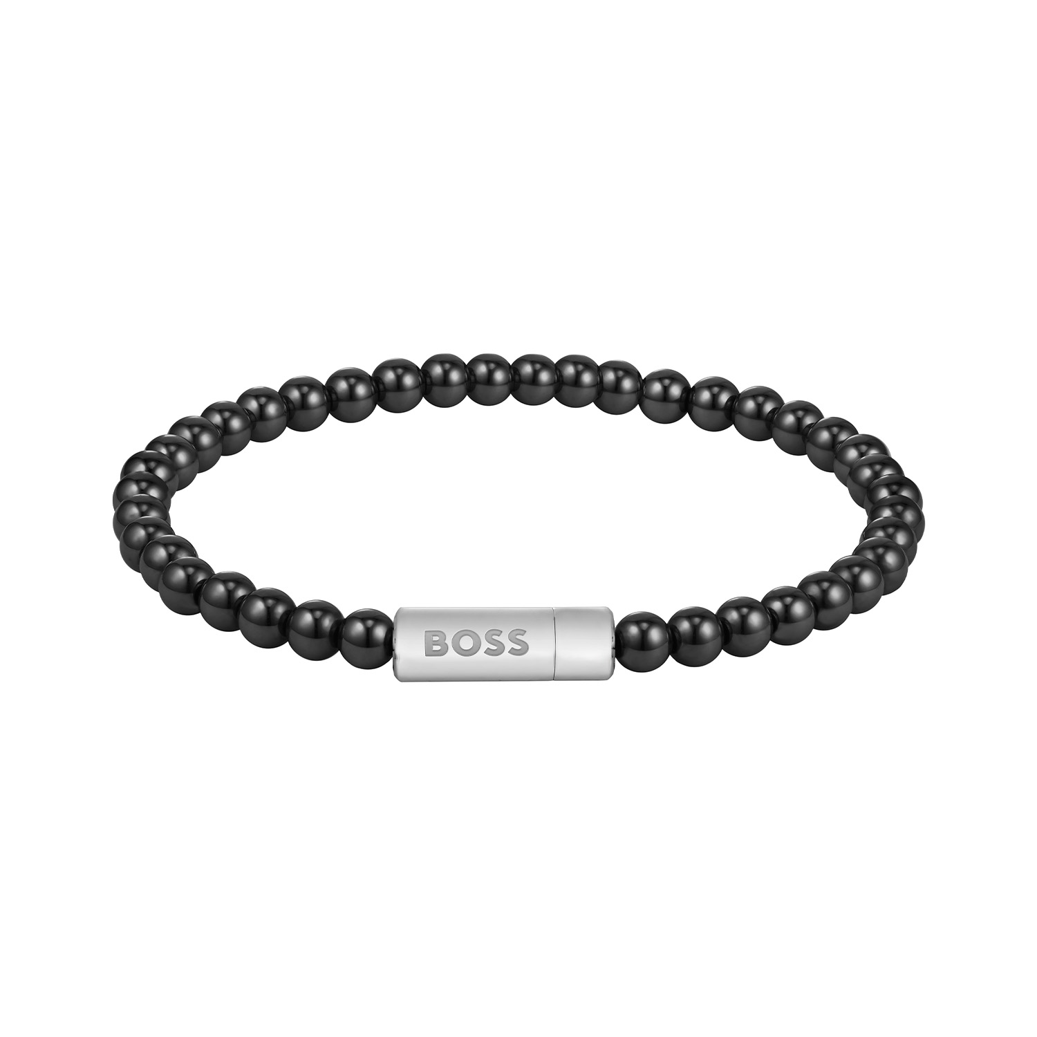 Deze armband van BOSS uit de SPHERE BEADS serie is een opvallend sieraad voor de echte BOSS klant. De armband heeft zwarte onix kralen van 5mm geregen op staaldraad. Met de stalen magneetsluiting met het Logo is dit een mooi geheel. De lengte is 19cm. Zeker goed te combineren met de bijpassende sieraden van BOSS. 
