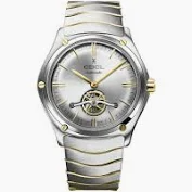 Men's EBEL Sport Classic watch, stainless steel and 18K yellow gold case, Ø 42mm, the balance is visible through the rhodium-coloured galvanic dial, sapphire crystal with antireflective treatment underneath, sapphire crystal case-back, two-tone stainless steel wave link bracelet with a folding clasp, Swiss automatic movement, water-resistant up to 5 bar