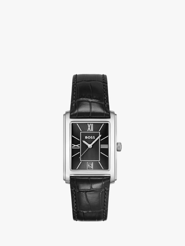 Gents BOSS three hand with date window from the Principle Dress family. Featuring a 28 x 39mm stainless steel case, black dial, black leather strap. Water resistant to 3ATM.