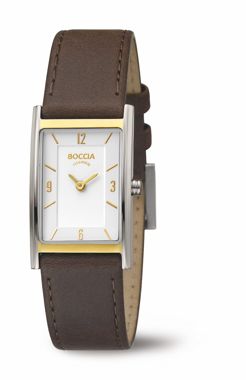Eleganz trifft auf modernes Design: Diese edle Boccia Damenuhr vereint klare Linien mit hochwertigen Materialien. Das eckige Geh&auml;use aus reinem Titan besticht durch seinen zweifarbigen Look in Gold und Silber &ndash; stilvoll und vielseitig kombinierbar. Ein feines Lederarmband sorgt f&uuml;r angenehmen Tragekomfort und unterstreicht den femininen Charakter der Uhr. Das minimalistische Zifferblatt mit schlichten Indizes rundet das elegante Gesamtbild perfekt ab.