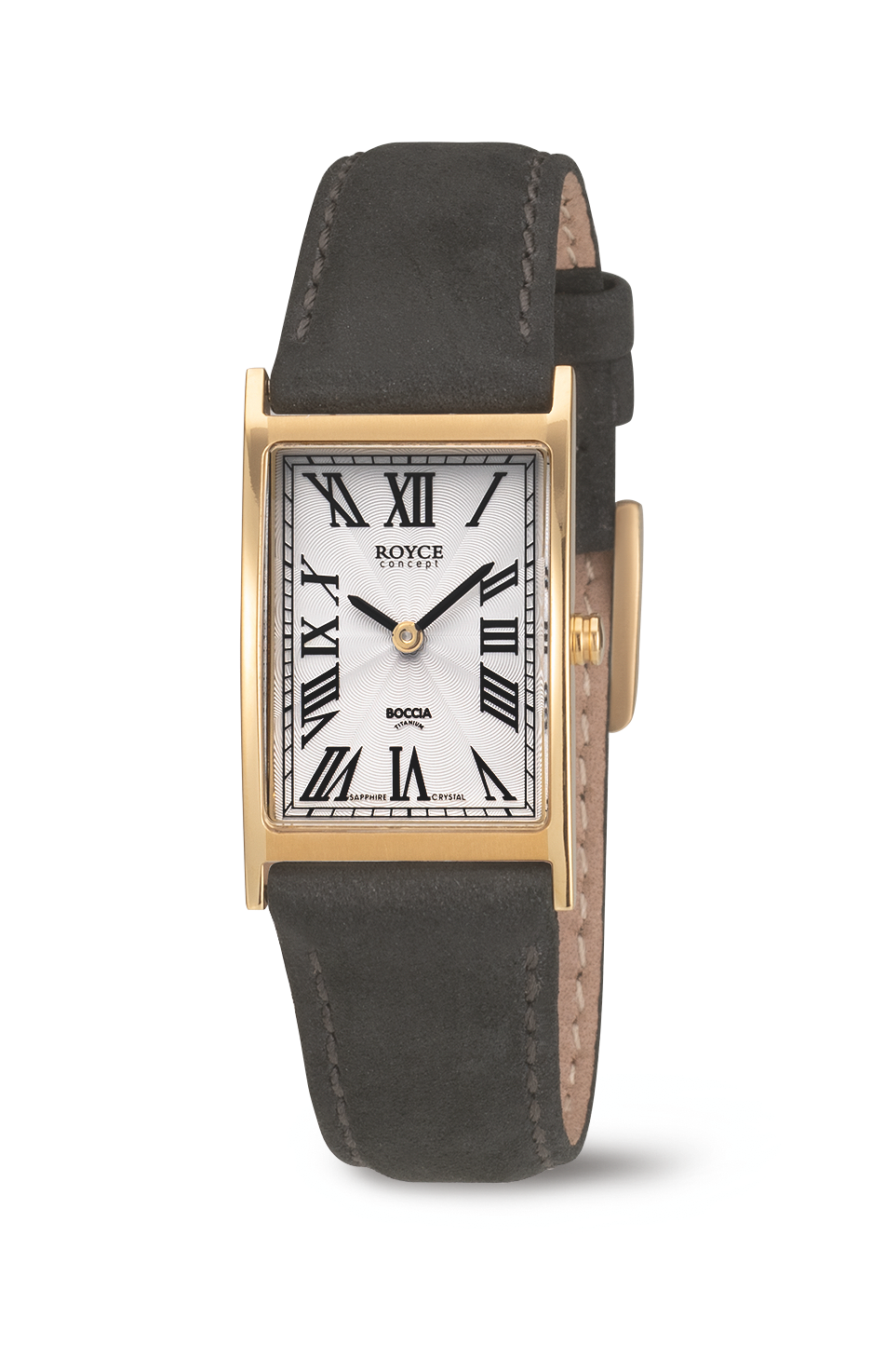 Das Geh&auml;use und die Dornschlie&szlig;e der Boccia Titanium Royce Damenuhr  bestehen aus gelbgoldplattiertem Rein-Titan. Das ultrakratzfeste Saphirglas folgt der leichten W&ouml;lbung des Geh&auml;uses. Das wei&szlig;e Zifferblatt mit strukturiertem Sonnenschliff verf&uuml;gt &uuml;ber r&ouml;mische Ziffern. Das Armband aus mattem schwarzem Leder mit hellen Kontrastn&auml;hten passt sich angenehm jedem Handgelenk an.