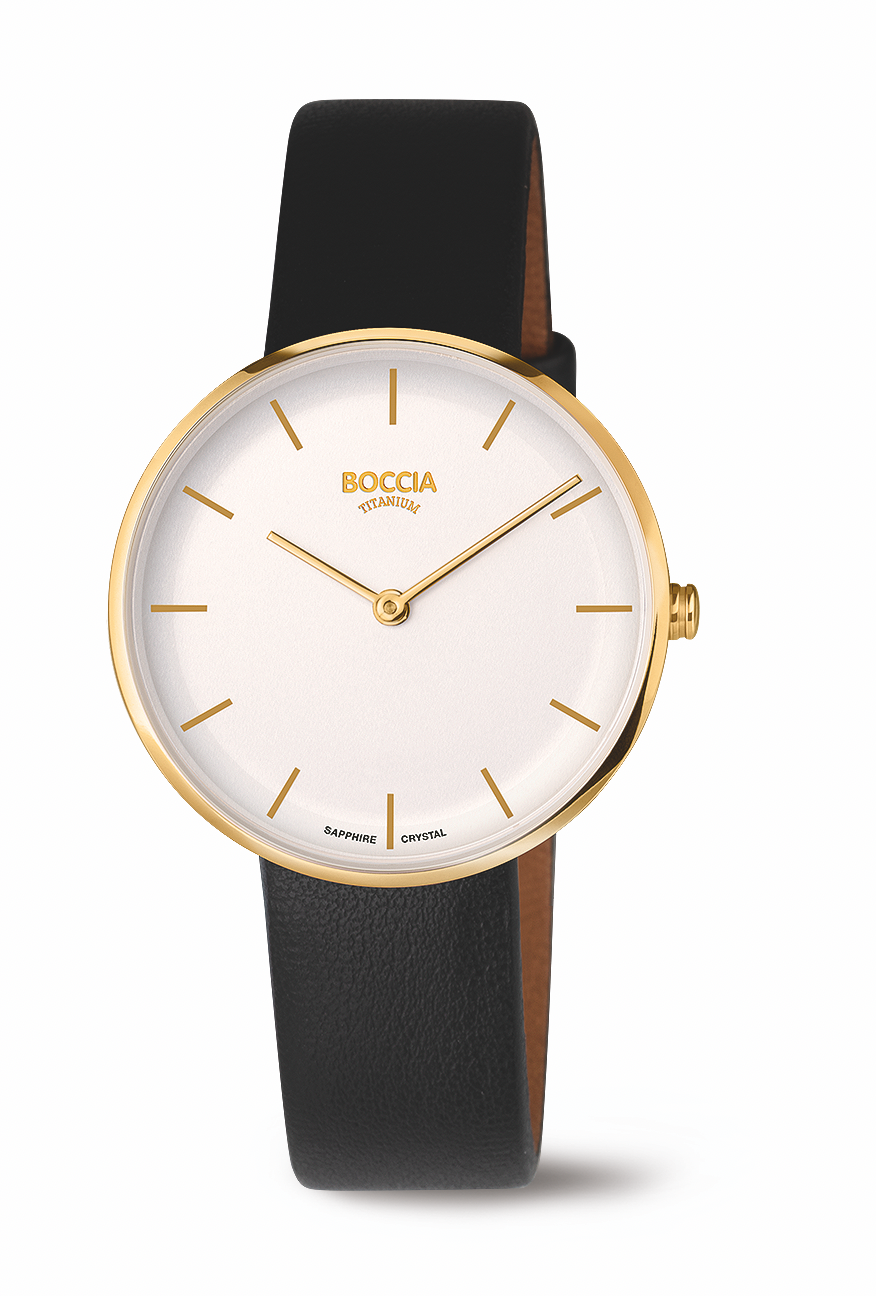 Boccia APPLESKIN Damenuhr im modischen Minimal-Design. Das superflache gelbgoldplattierte Geh&auml;use mit einem extra gro&szlig;en Durchmesser von 35 mm besteht aus antiallergischem Rein-Titan und besitzt eine polierte L&uuml;nette, w&auml;hrend der Rest des Geh&auml;uses fein satin-mattiert ist. Die polierten goldfarbenen Zeiger und aufgedruckten Indizes heben sich deutlich vom Zifferblatt ab. Das hautfreundliche und vegane Apple-Skin-Armband ist zu 50% aus den bei der Apfelsaftherstellung anfallenden Apfelschalen hergestellt. Der italienische Hersteller des Armbandes hat damit eine echte Alternative zu Leder geschaffen. 