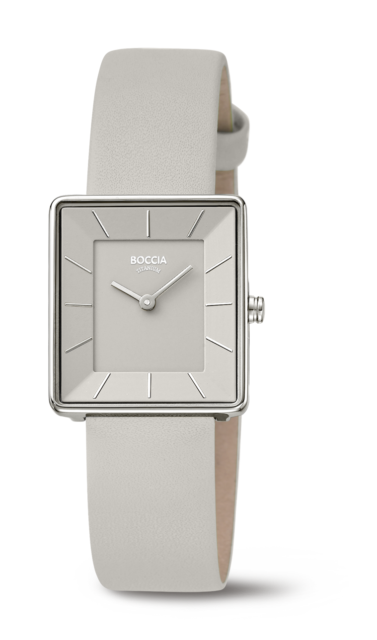 Deutlich ablesbare Boccia Damenuhr im beliebten Klassik-Design. Das kontrastreiche hellgraue 3-D-Zifferblatt im Zusammenspiel mit den polierten Zeigern und Indizes sorgt f&uuml;r optimale Ablesbarkeit. Das Geh&auml;use besteht aus absolut antiallergischem, hochglanzpoliertem Rein-Titan. Das hellgraue Armband ist aus weichem Leder gefertigt und ist mit einer schmucken Design-Dornschlie&szlig;e aus Rein-Titan ausgestattet. Das japanische Uhrwerk verf&uuml;gt &uuml;ber eine Batterie-Laufzeit von 5 Jahren, was f&uuml;r derart flache Damenuhr einzigartig ist.