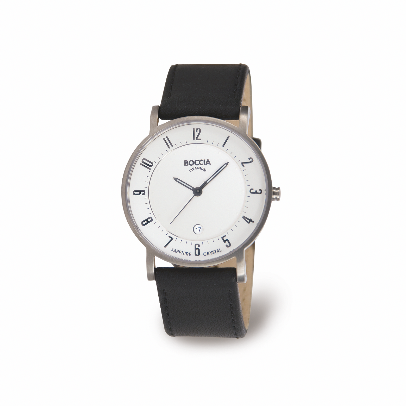 Boccia Titanium Herrenuhr mit ultrakratzfestem Saphirglas. Das Geh&auml;use besteht aus satin-mattiertem, antiallergischem Rein-Titan. Das kontrastreiche Zifferblatt ist &uuml;bersichtlich gestaltet und bestens ablesbar. Die Zeiger und Punkte auf dem Zifferblatt sind mit Leuchtpigmentmasse besetzt, die in der Dunkelheit nachleuchtet. Eine Datumanzeige befindet sich auf der 6-Uhr-Position. Das Armband der Herrenuhr besteht aus weichem, hautfreundlichem Leder mit Rein-Titan-Dornschlie&szlig;e