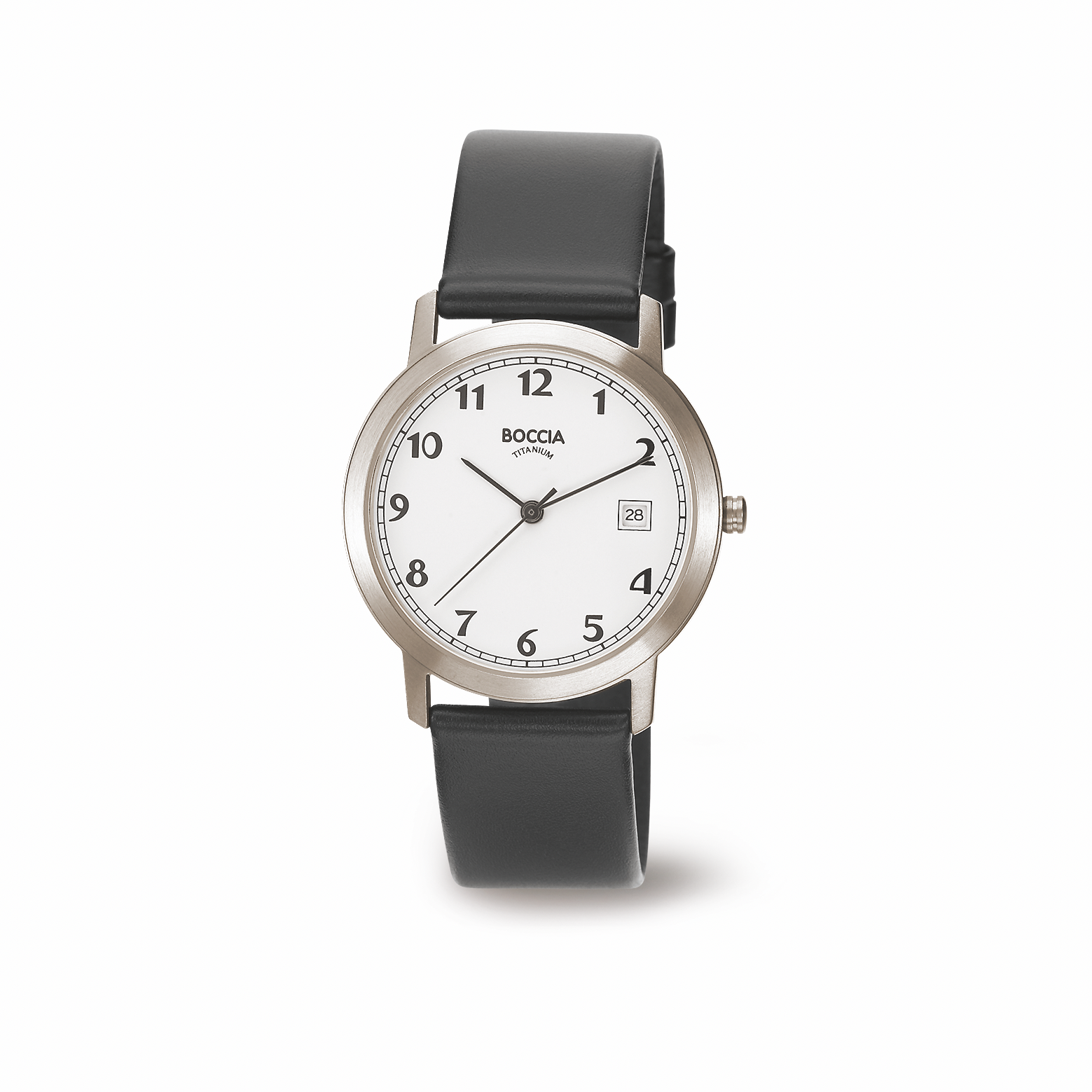 Boccia Damenuhr aus ultraleichtem, sehr robusten Material. Das mit 34,5mm &Oslash; mediumgro&szlig;es Geh&auml;use und die Dornschlie&szlig;e bestehen aus satin-mattiertem Rein-Titan. Die schwarzen, arabischen Ziffern lassen sich sehr gut von dem wei&szlig;en Zifferblatt ablesen. Eine Datumanzeige befindet sich auf der 3-Uhr-Position. Das schwarze Lederarmband ist weich und passt sich an jedes Handgelenk an. Diese Uhr ist eine stilvolle Wahl f&uuml;r jeden Anlass.
