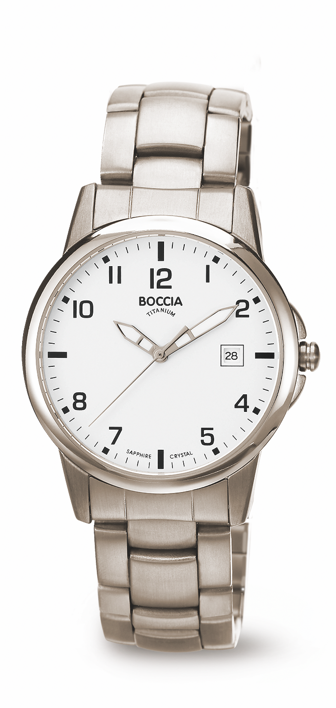 Schlichte Boccia Herrenuhr mit Geh&auml;use und Armband aus antiallergischem und federleichtem Rein-Titan. Das kontrastreich gestaltete Zifferblatt ist bestens ablesbar. Eine Datumanzeige befindet sich auf der 3-Uhr-Position. Diese Herrenuhr ist mit ultrakratzfestem Saphirglas ausgestattet und 50m wasserdicht.
