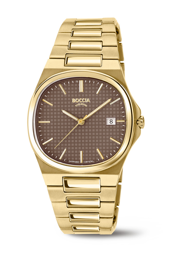 Bei diesem Produkt handelt es sich um eine elegante Herrenuhr mit einem goldfarbenen Armband. Sie besteht aus Titan mit einem Saphirglas und hat eine Datumsfunktion. Gr&ouml;&szlig;e: 37 mm. Perfekt f&uuml;r stilvolle Anl&auml;sse oder den t&auml;glichen Gebrauch. Tragen Sie sie als Highlight zu formeller oder legerer Kleidung.