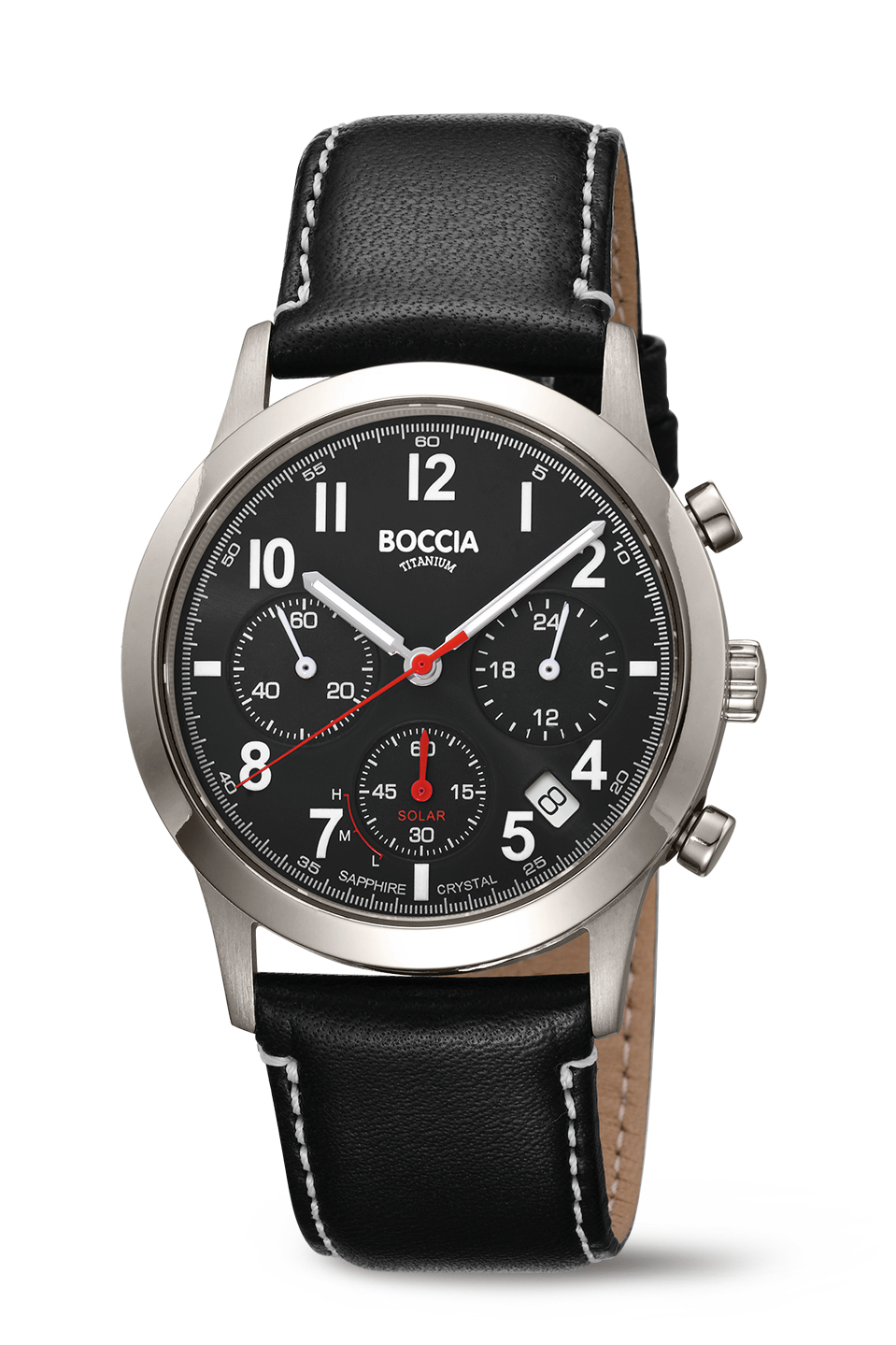 Dieser Boccia Titanium Solar Herren-Chronograph vereint eine stilvolle, klassische Optik mit der Robustheit einer modernen batteriefreien elektronischen Solar-Uhr. Die hochglanzpolierte L&uuml;nette umschlie&szlig;t ein wundersch&ouml;nes Zifferblatt mit dezentem Sunburst-Schimmer-Effekt in Anthrazit. Bestens ablesbar auch im Dunkeln: mit deutlichen wei&szlig;en Zeigern und Ziffern sind mit Leuchtpigmentmasse ausger&uuml;stet. Eine Datumanzeige auf der 4:30-Uhr-Position und radial-gerillte Totalisatoren mit rotem und wei&szlig;en Zeigern runden das Zifferblatt zu einem kontrastreich gestalteten Look ab. 