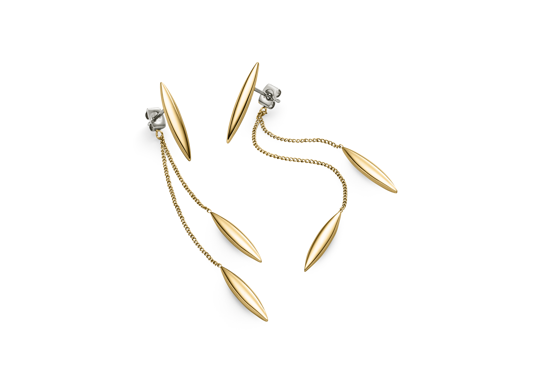 Diese ausgefallenen Ohrstecker von Boccia sind aus Gelbgold plattiertem Titan gefertigt, welche sich aufgrund ihres geringen Gewichts sehr angenehm tragen lassen. Die H&auml;nger der Ohrringe sind an der Ohrmutter befestigt, wodurch Sie die dank dem zus&auml;tzlichem Paar Ohrmuttern mit oder ohne H&auml;nger tragen k&ouml;nnen. Diese modernen Ohrringe von Boccia k&ouml;nnen bedenkenlos zu jedem Anlass getragen werden.
Material: Titan
Plattierung: Gelbgold plattiert
Oberfl&auml;che: poliert
Farbe: grau, goldfarben
Ma&szlig;e Stecker: ca. 22 mm x 4 mm
Ma&szlig;e H&auml;nger: ca. 23 mm x 4 mm
H&ouml;he: ca. 5,3 cm - 7,3 cm
Stiftl&auml;nge: ca. 10 mm
Verschluss: Ohrmutter