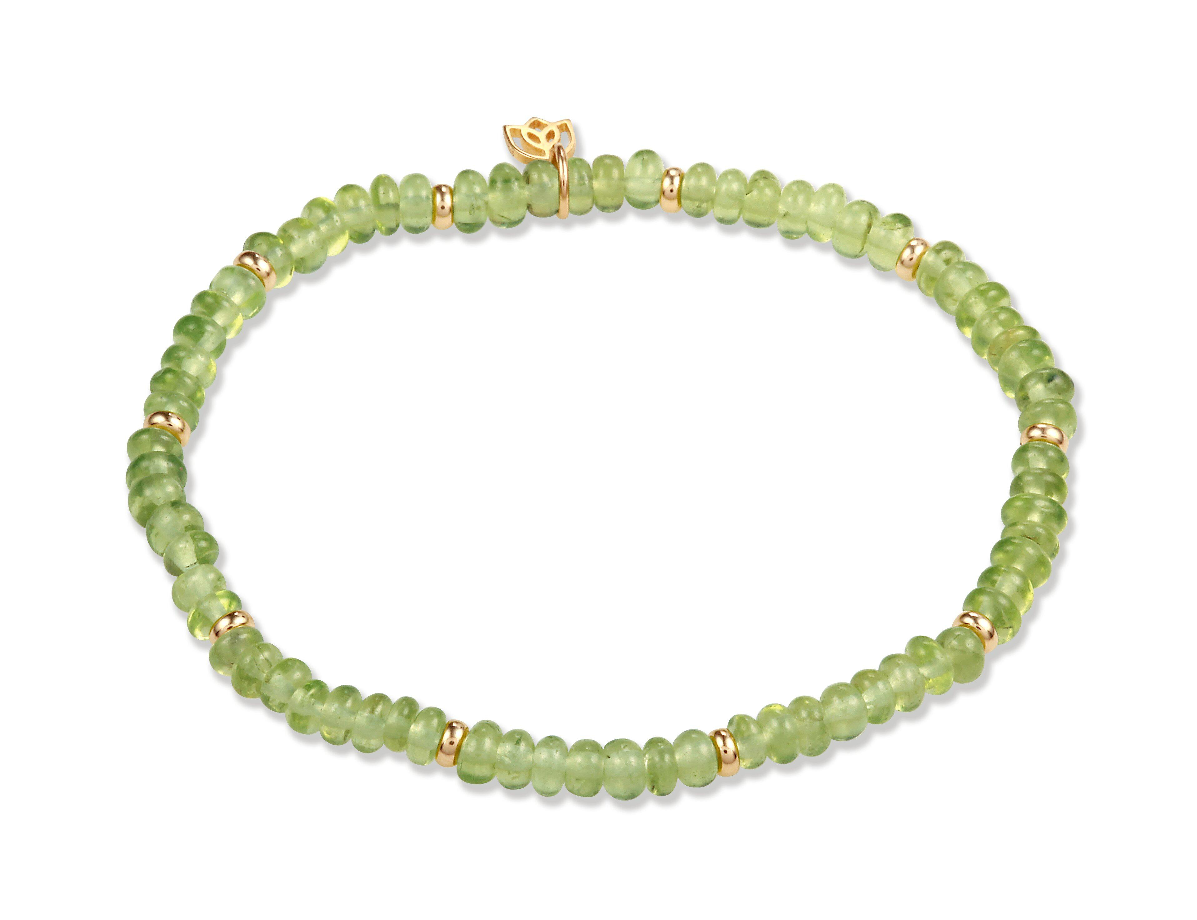 Y&G Edelsteen armband mini peridot. Edelstenen armband 4mm kralen en tien 14 krt gouden beads & tulp logo.