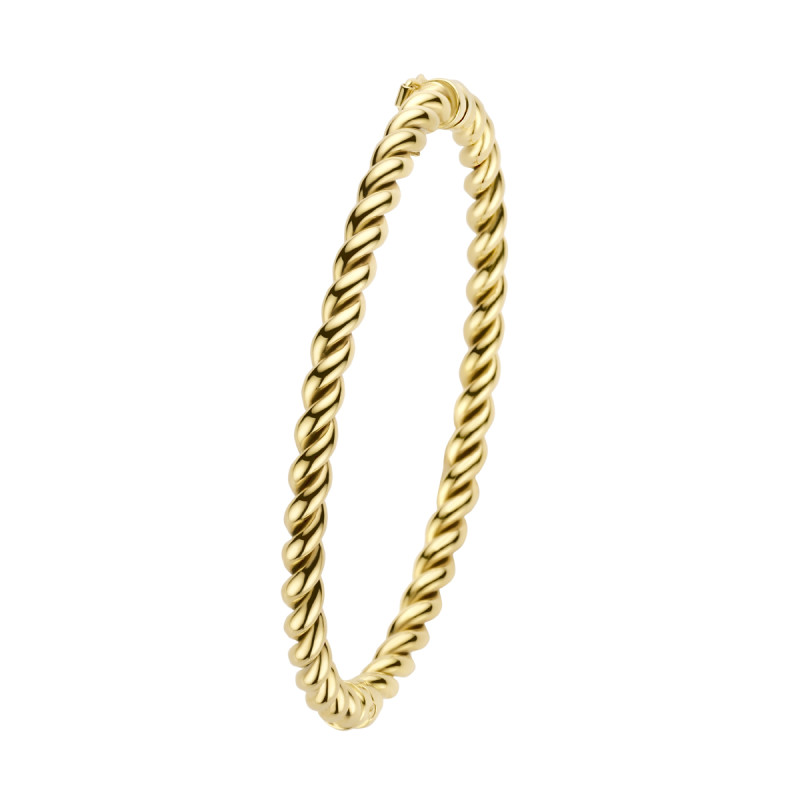 geel gouden gedraaide bangle met  daarin een kern van 925 zilver. De bangle is uitgevoerd met een scharnier.</span>