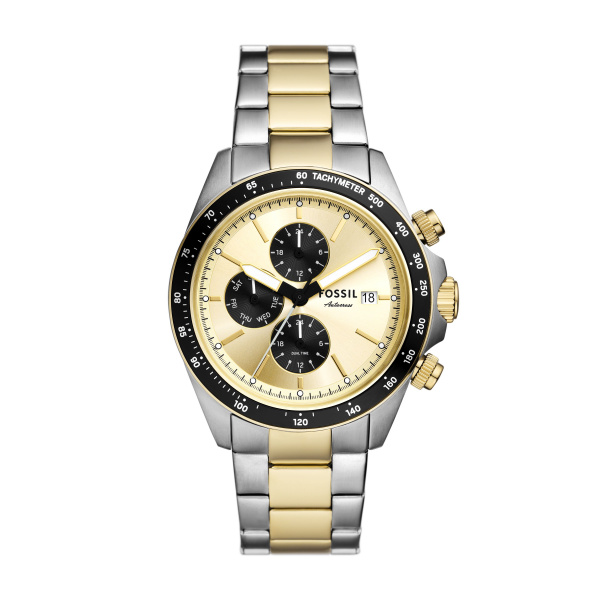 Fossil Quarts heren pols horloge uit de Autocross Collectie. Staal met stalen band 2-Tone. 5 ATM waterdicht.